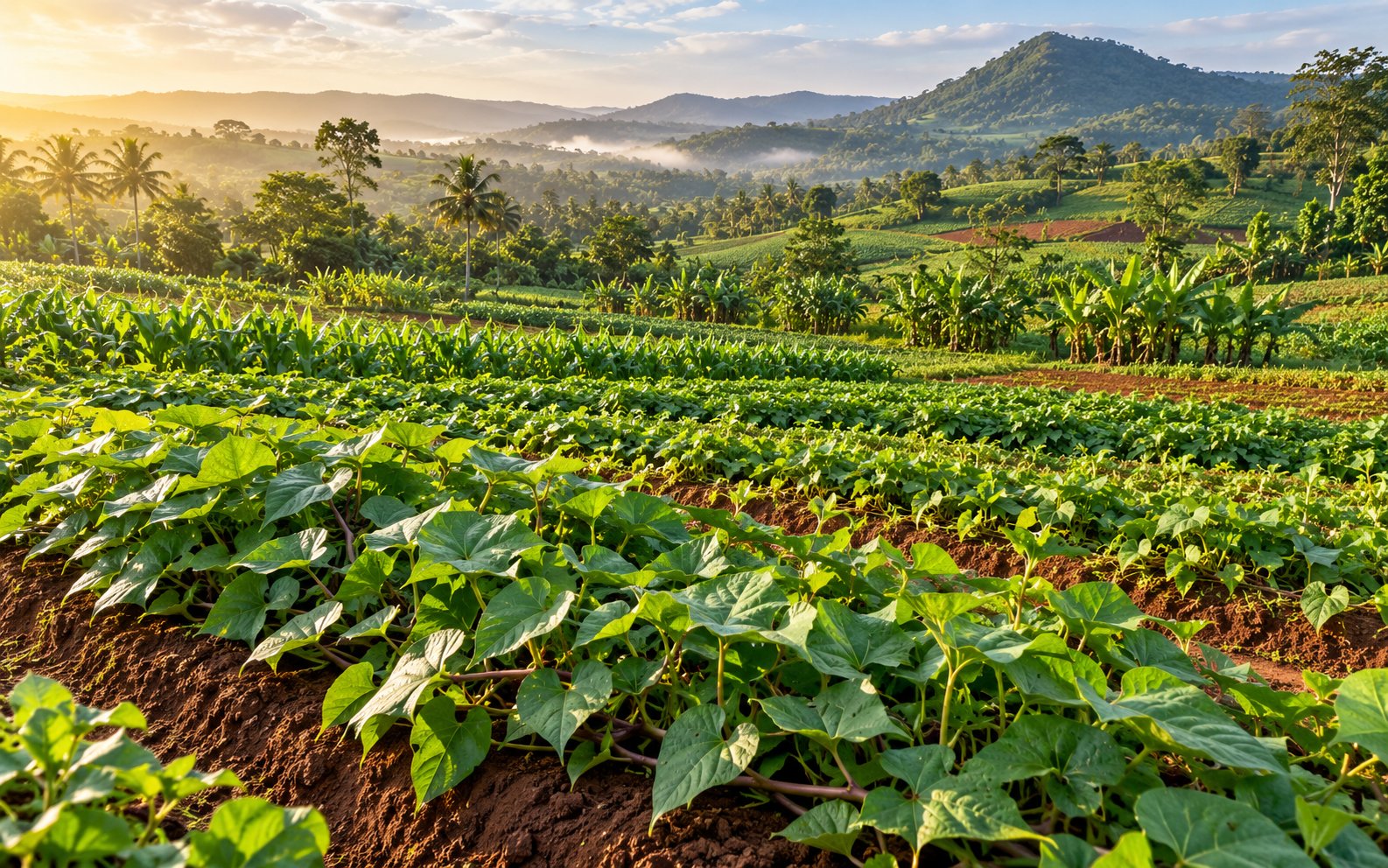 Green farm landscape with crop rows in Ghana's Eastern Region