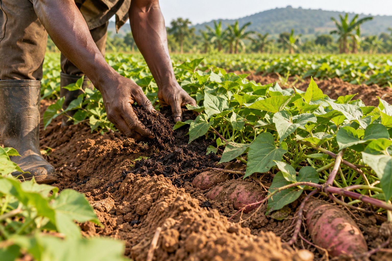 Organic fertilizer being applied among sweet potato vines